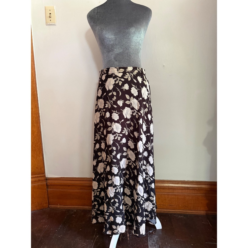 Sara Campbell Floral Maxi Skirt Black vintahe Rayon Sheer romantic 6 USA